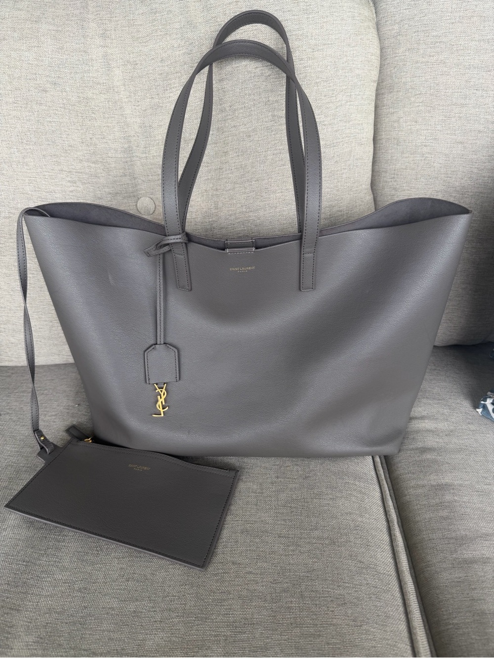 Saint Laurent Grey Leather Tote with Gold YSL Charm